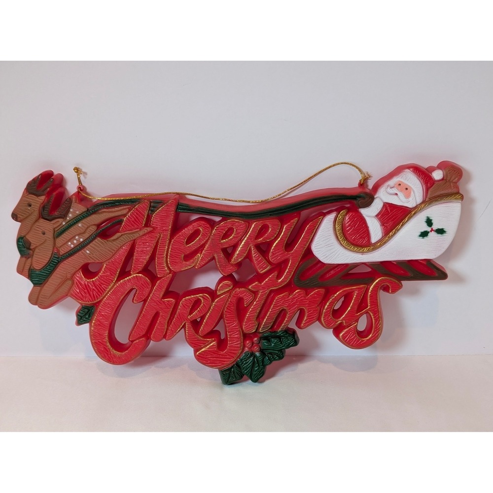 Vintage Merry Christmas Santa Sleigh Reindeer Wall Hanging‎ Plaque Red Plastic